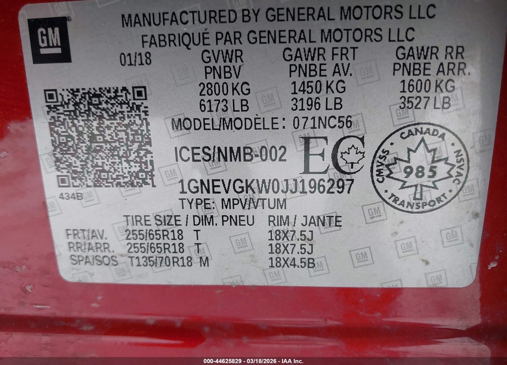 2018 CHEVROLET TRAVERSE LT CLOTH VIN: 1GNEVGKW0JJ196297