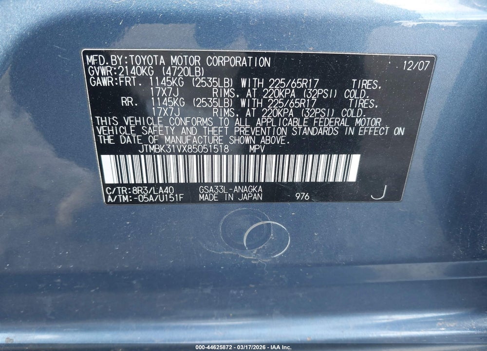 2008 TOYOTA RAV4 LIMITED V6 VIN: JTMBK31VX85051518