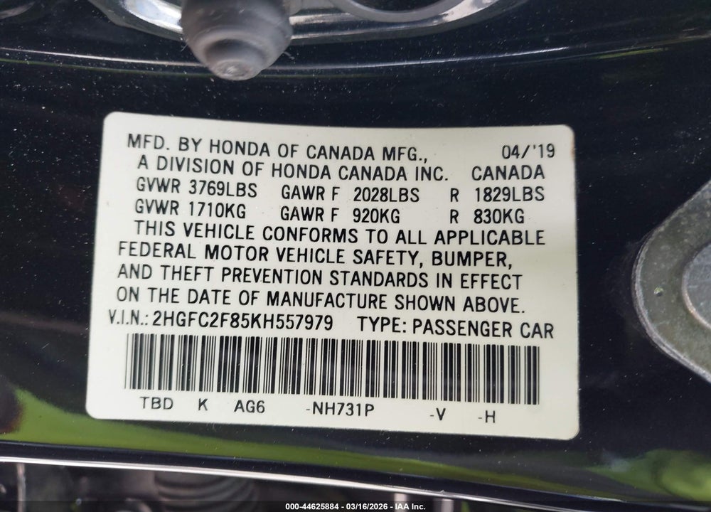 2019 HONDA CIVIC SPORT VIN: 2HGFC2F85KH557979
