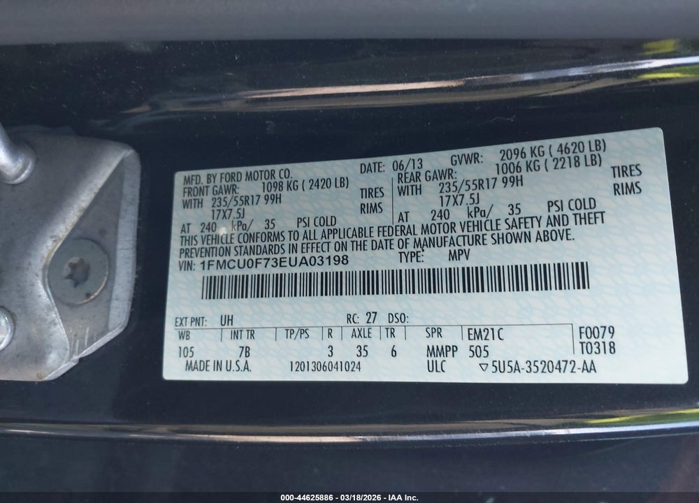 2014 FORD ESCAPE S VIN: 1FMCU0F73EUA03198