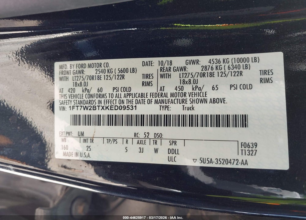 2019 FORD F-250 XLT VIN: 1FT7W2BTXKED09531