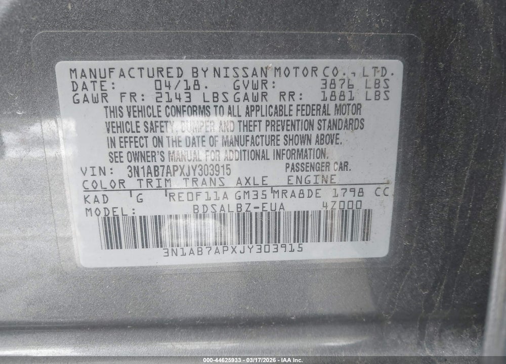 2018 NISSAN SENTRA S VIN: 3N1AB7APXJY303915