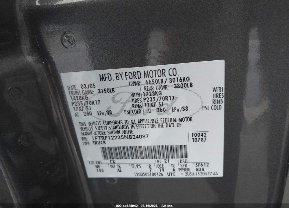 2005 FORD F-150 STX/XL/XLT VIN: 1FTRF12235NB24087