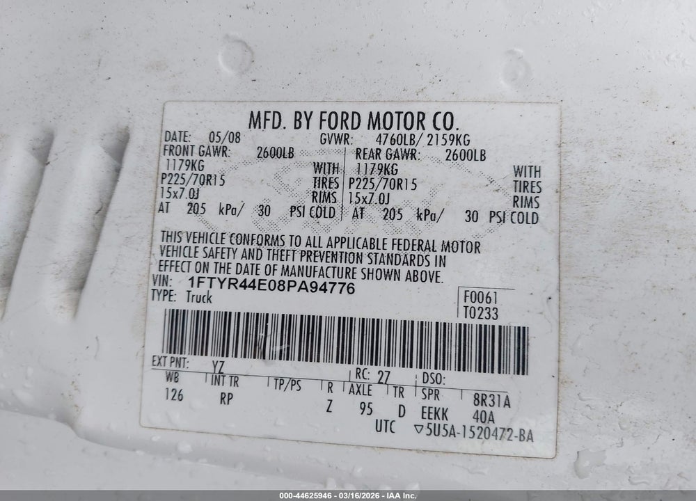 2008 FORD RANGER SPORT/XLT VIN: 1FTYR44E08PA94776