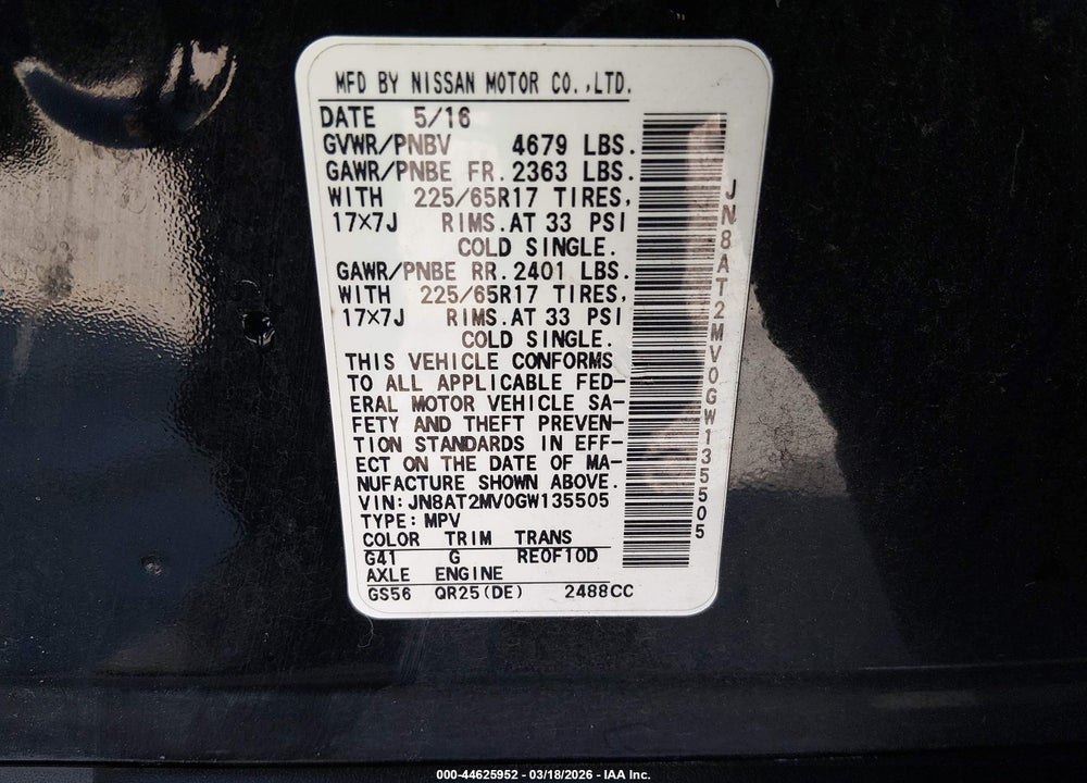 2016 NISSAN ROGUE SV VIN: JN8AT2MV0GW135505