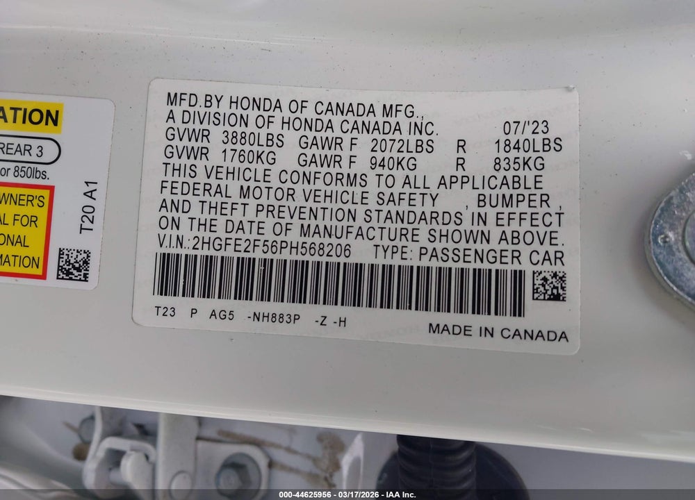 2023 HONDA CIVIC SPOR VIN: 2HGFE2F56PH568206