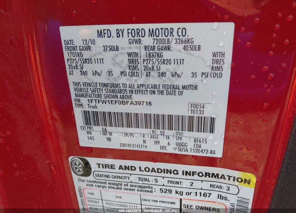2011 FORD F-150 PLATINUM VIN: 1FTFW1EF0BFA39716