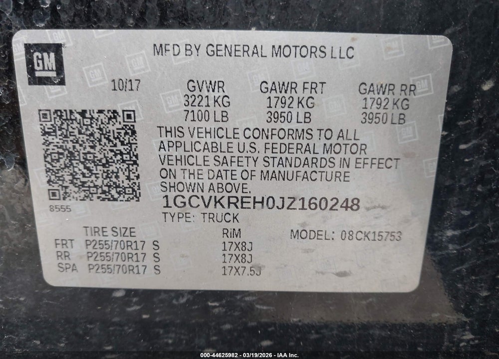 2018 CHEVROLET SILVERADO 1500 1LT VIN: 1GCVKREH0JZ160248