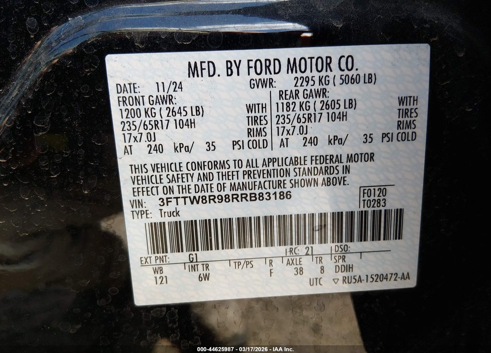 2024 FORD MAVERICK LARIAT VIN: 3FTTW8R98RRB83186