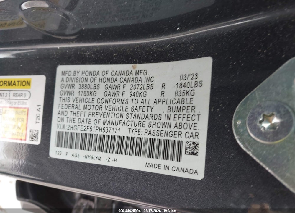 2023 HONDA CIVIC SPORT VIN: 2HGFE2F51PH537171