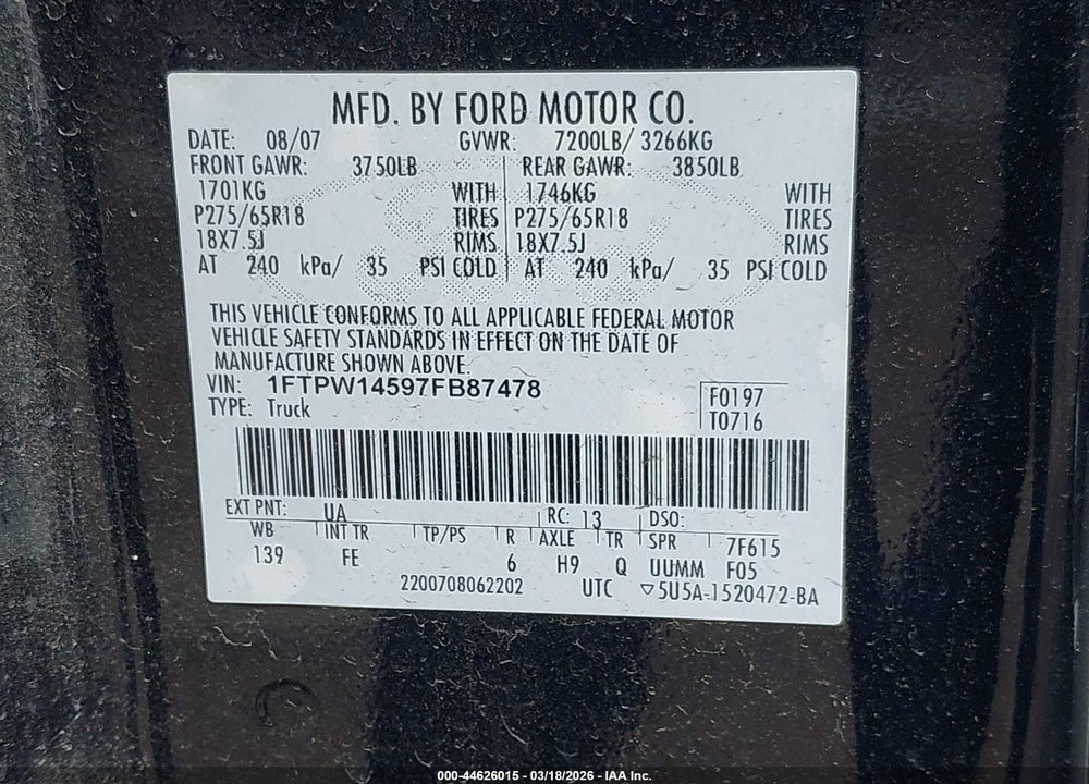 2007 FORD F-150 FX4/LARIAT/XLT VIN: 1FTPW14597FB87478