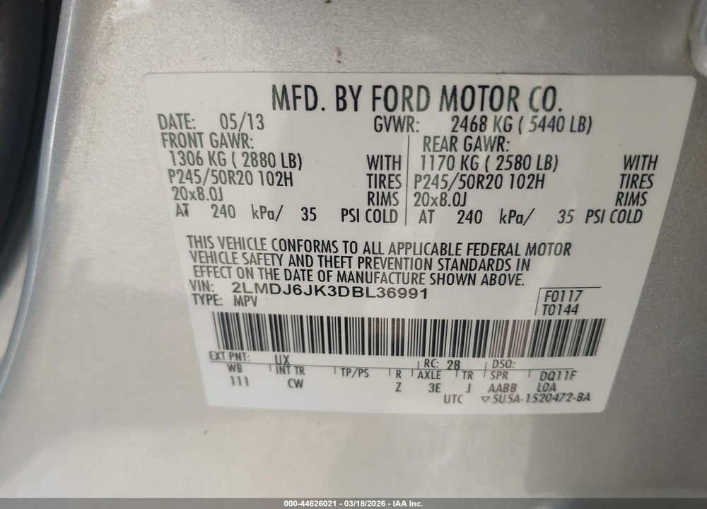 2013 LINCOLN MKX VIN: 2LMDJ6JK3DBL36991