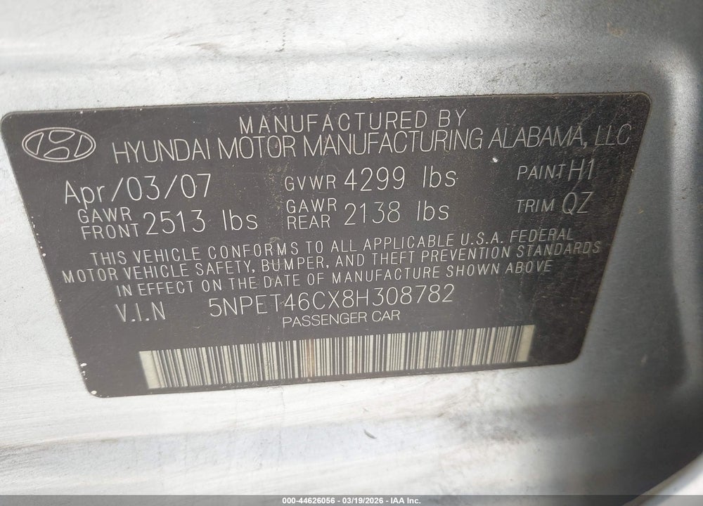2008 HYUNDAI SONATA GLS VIN: 5NPET46CX8H308782