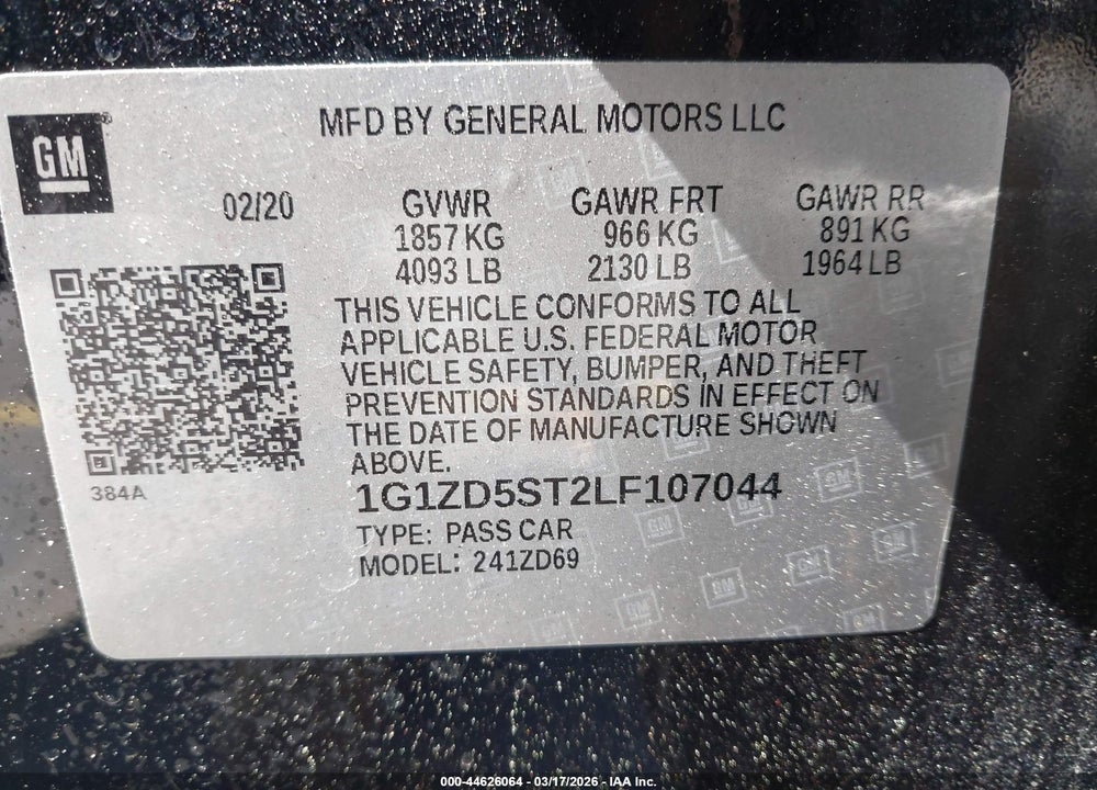 2020 CHEVROLET MALIBU FWD LT VIN: 1G1ZD5ST2LF107044