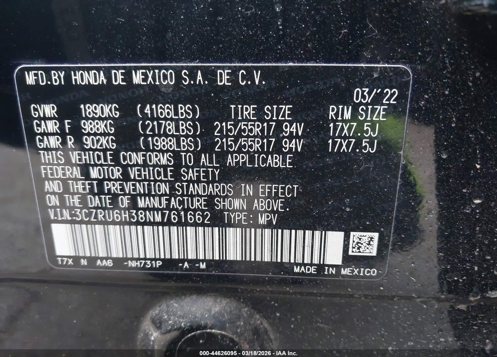 2022 HONDA HR-V AWD LX VIN: 3CZRU6H38NM761662