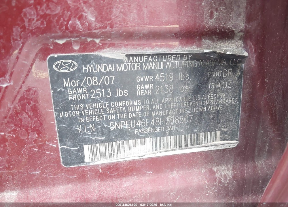 2008 HYUNDAI SONATA LIMITED V6/SE V6 VIN: 5NPEU46F48H298807