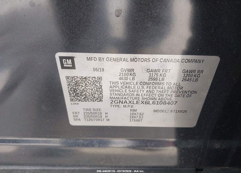2020 CHEVROLET EQUINOX FWD LT 2.0L TURBO VIN: 2GNAXLEX6L6108407