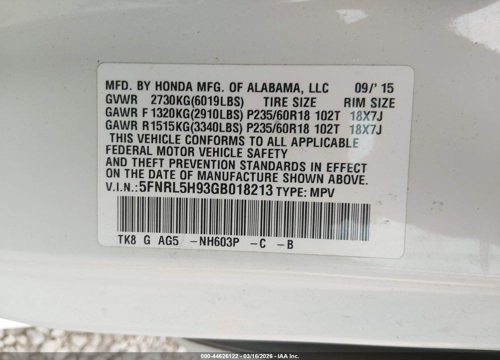 2016 HONDA ODYSSEY TOURING/TOURING ELITE VIN: 5FNRL5H93GB018213