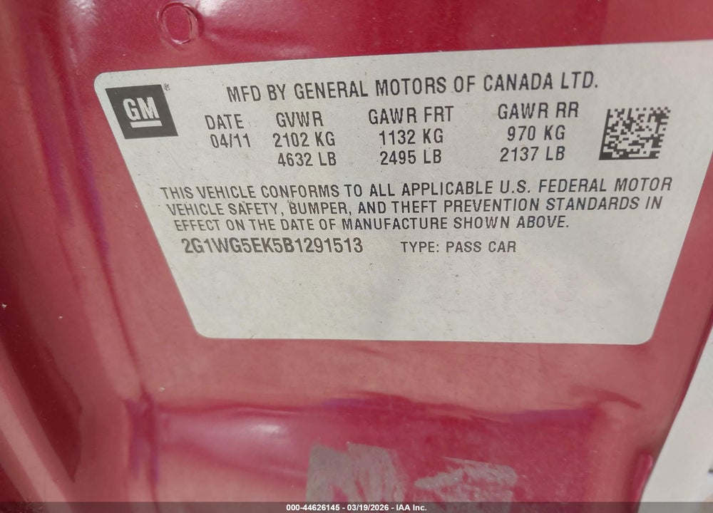 2011 CHEVROLET IMPALA LT VIN: 2G1WG5EK5B1291513