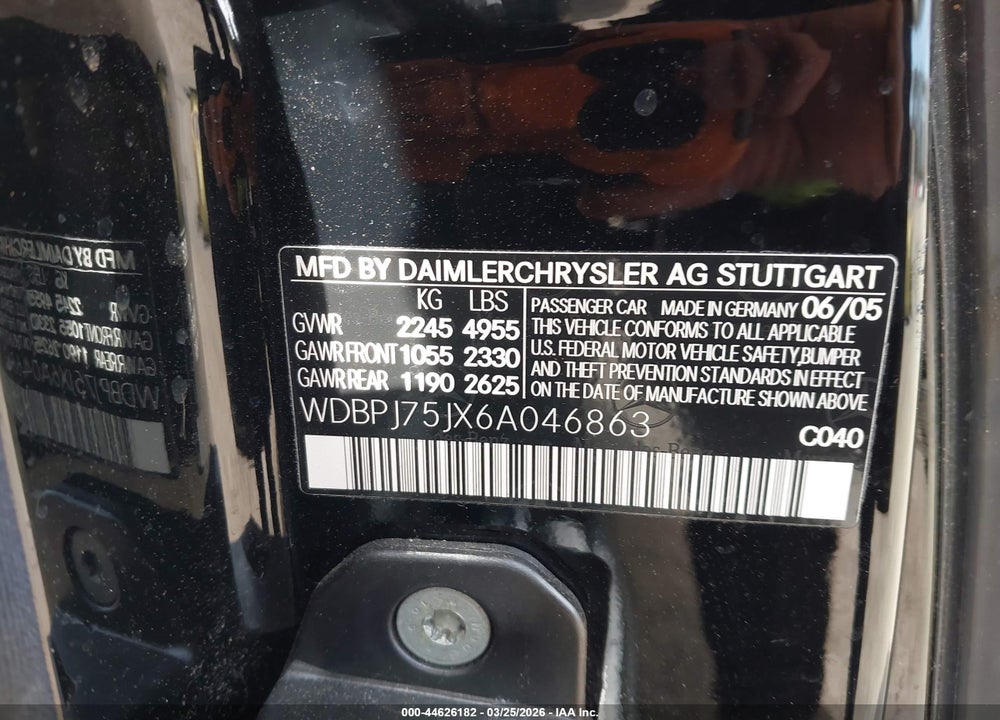 2006 MERCEDES-BENZ CL 500 VIN: WDBPJ75JX6A046863