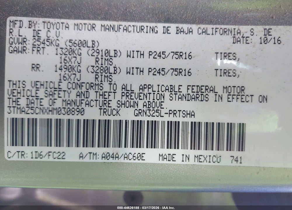 2017 TOYOTA TACOMA SR5 V6 VIN: 3TMAZ5CNXHM030890