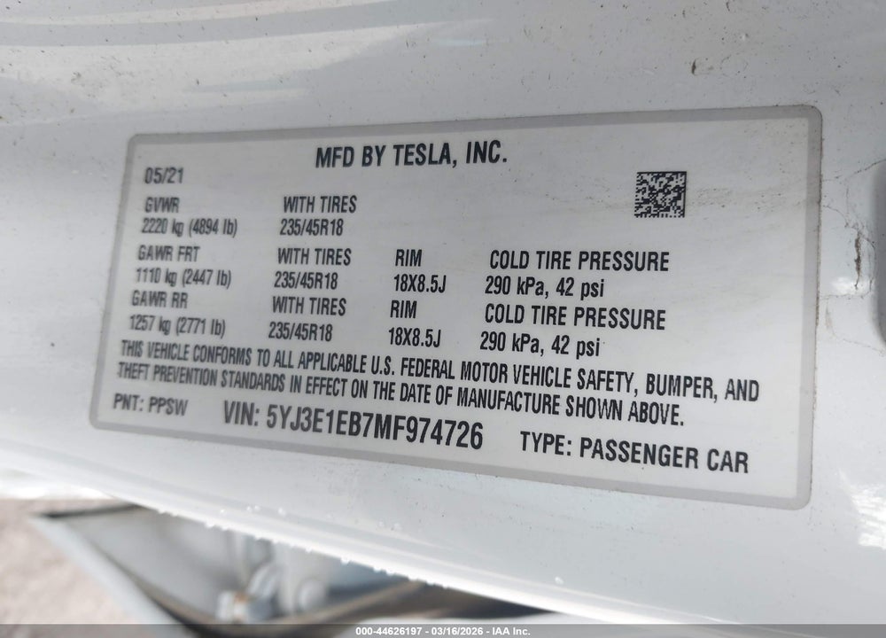 2021 TESLA MODEL 3 LONG RANGE DUAL MOTOR ALL-WHEEL DRIVE VIN: 5YJ3E1EB7MF974726