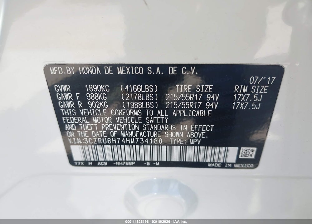 2017 HONDA HR-V EX-L VIN: 3CZRU6H74HM734188