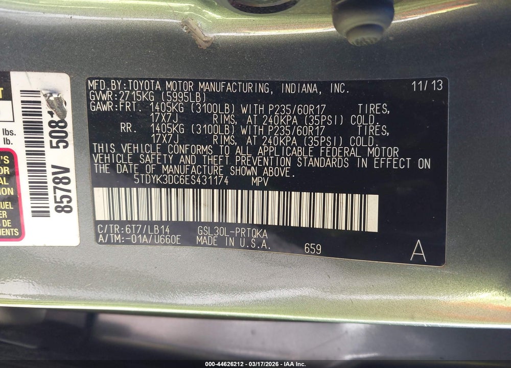 2014 TOYOTA SIENNA XLE V6 8 PASSENGER VIN: 5TDYK3DC6ES431174