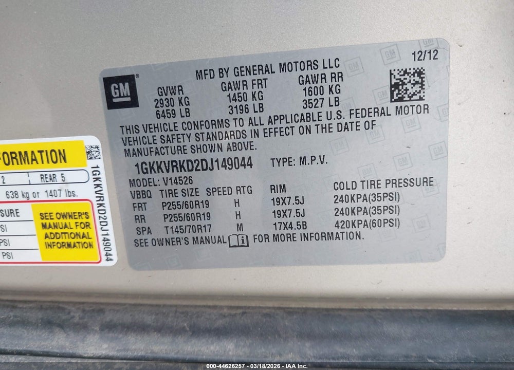 2013 GMC ACADIA SLT-1 VIN: 1GKKVRKD2DJ149044