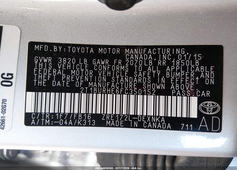 2015 TOYOTA COROLLA LE VIN: 2T1BURHE6FC350152