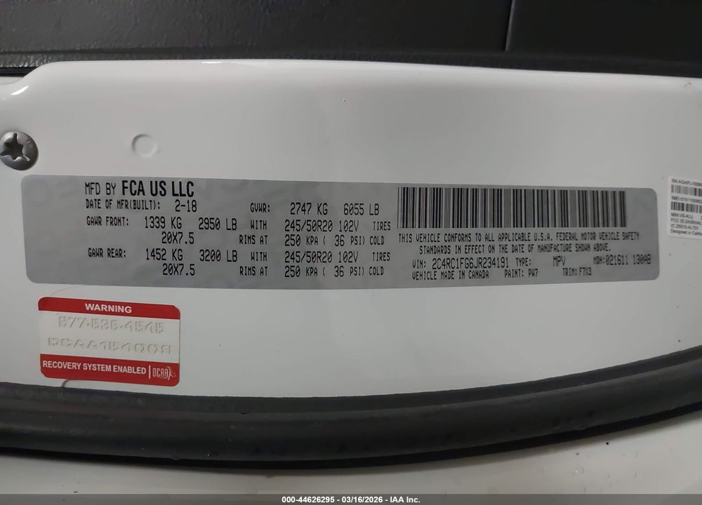2018 CHRYSLER PACIFICA TOURING PLUS VIN: 2C4RC1FG6JR234191