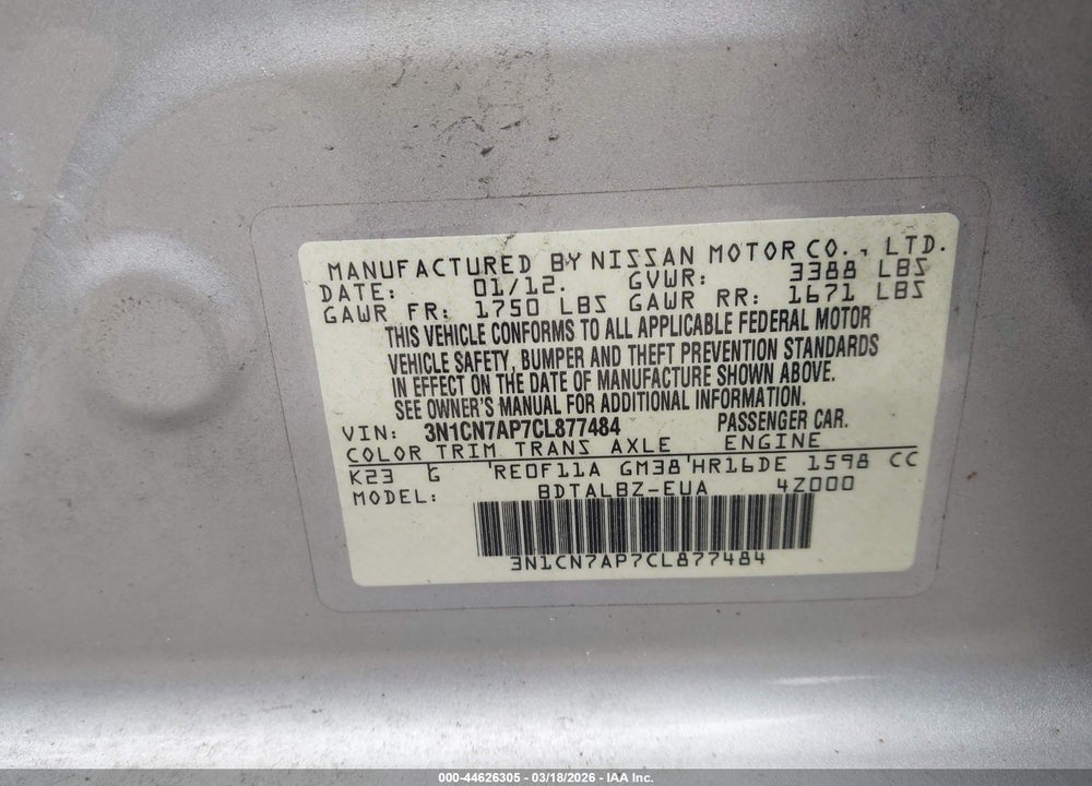 2012 NISSAN VERSA 1.6 SV VIN: 3N1CN7AP7CL877484