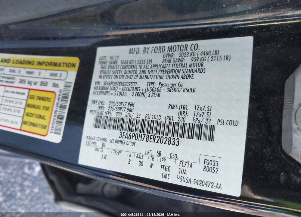 2014 FORD FUSION SE VIN: 3FA6P0H78ER202833