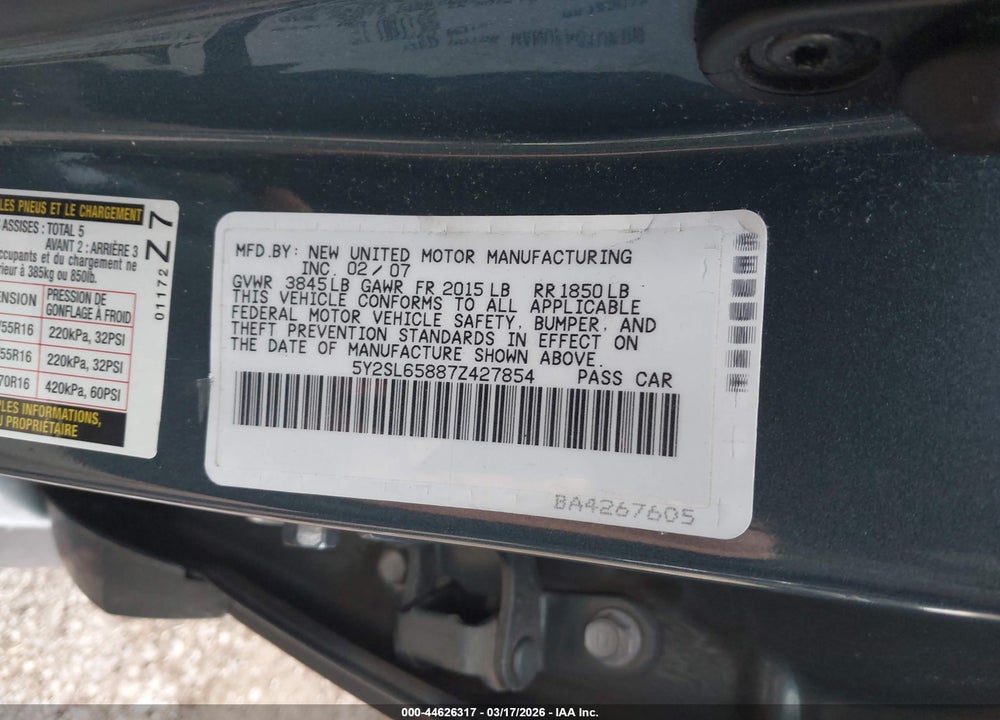 2007 PONTIAC VIBE VIN: 5Y2SL65887Z427854
