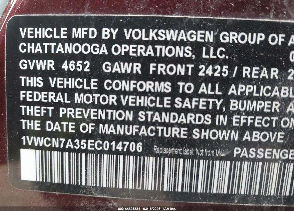 2014 VOLKSWAGEN PASSAT 2.0L TDI SEL PREMIUM VIN: 1VWCN7A35EC014706