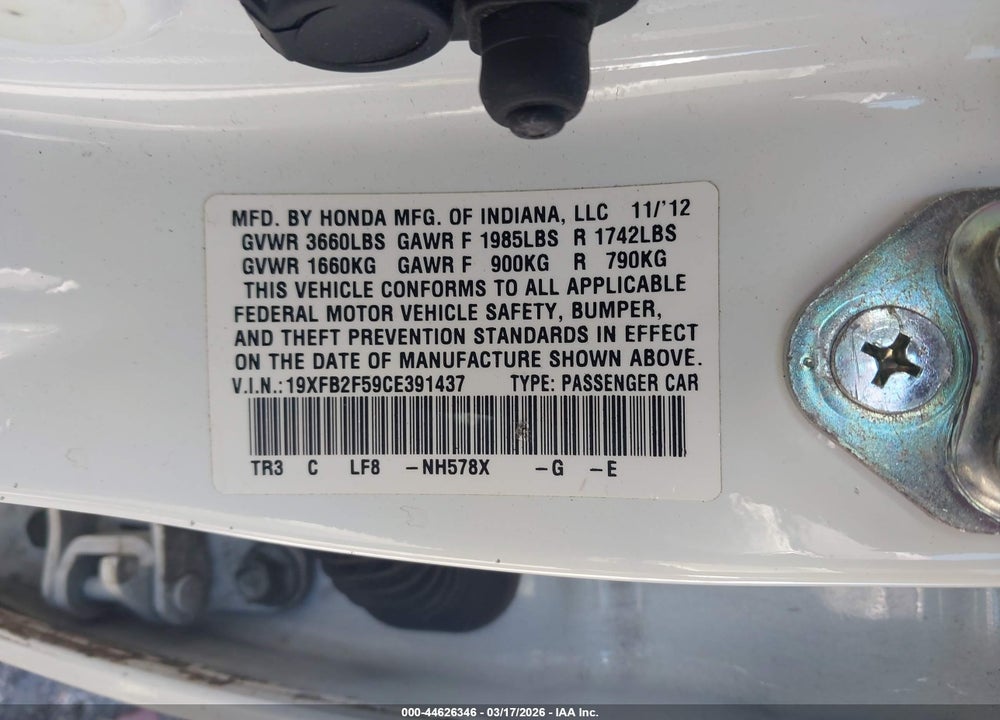 2012 HONDA CIVIC LX VIN: 19XFB2F59CE391437