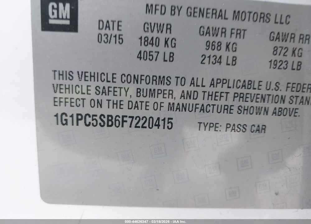 2015 CHEVROLET CRUZE 1LT AUTO VIN: 1G1PC5SB6F7220415