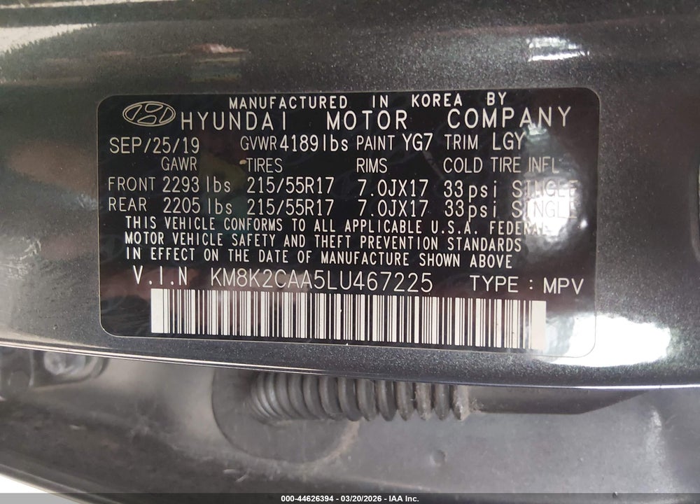 2020 HYUNDAI KONA SEL VIN: KM8K2CAA5LU467225