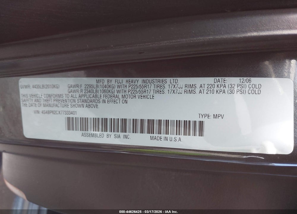 2007 SUBARU OUTBACK 2.5I LIMITED VIN: 4S4BP62CX77333401