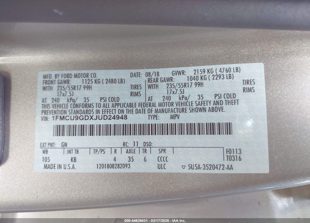 2018 FORD ESCAPE SE VIN: 1FMCU9GDXJUD24948