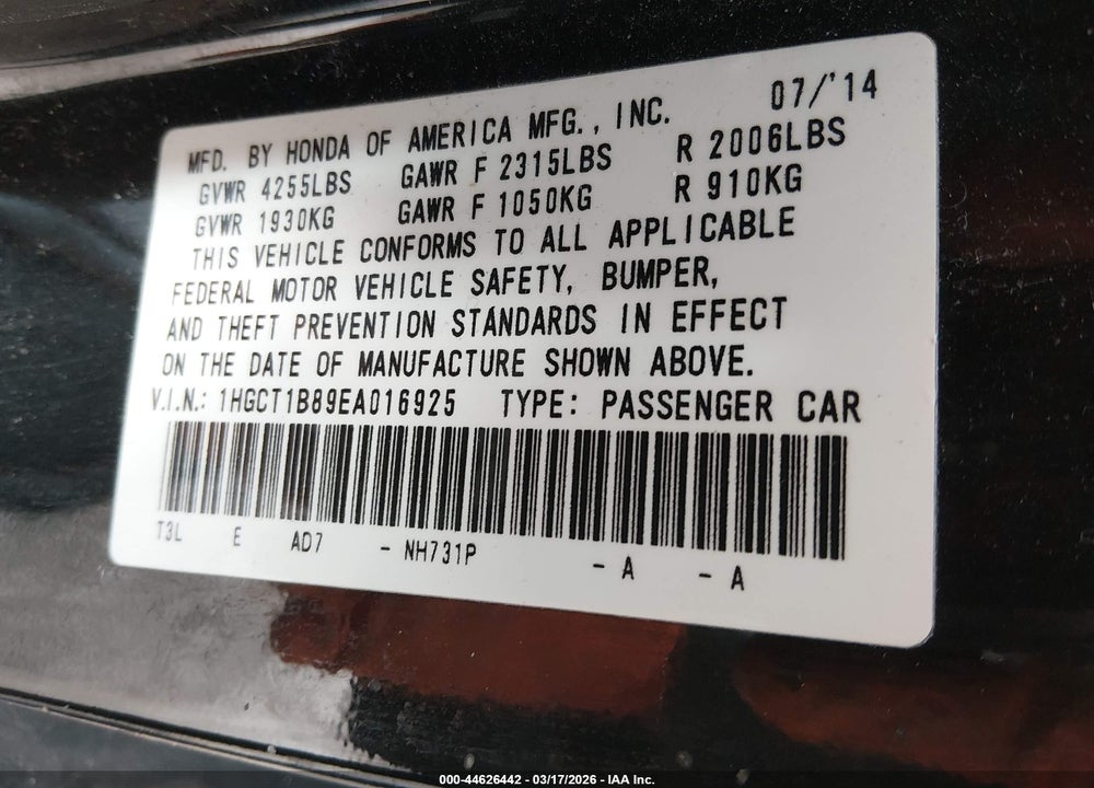 2014 HONDA ACCORD EX-L VIN: 1HGCT1B89EA016925