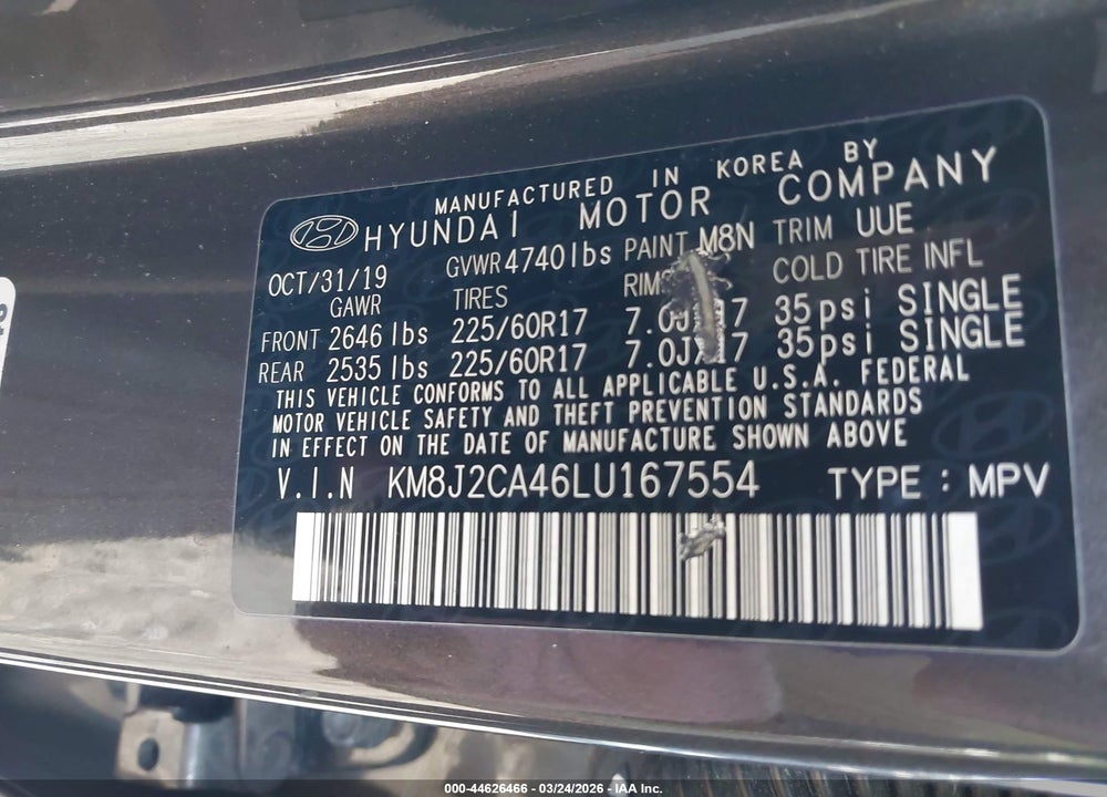2020 HYUNDAI TUCSON SE VIN: KM8J2CA46LU167554