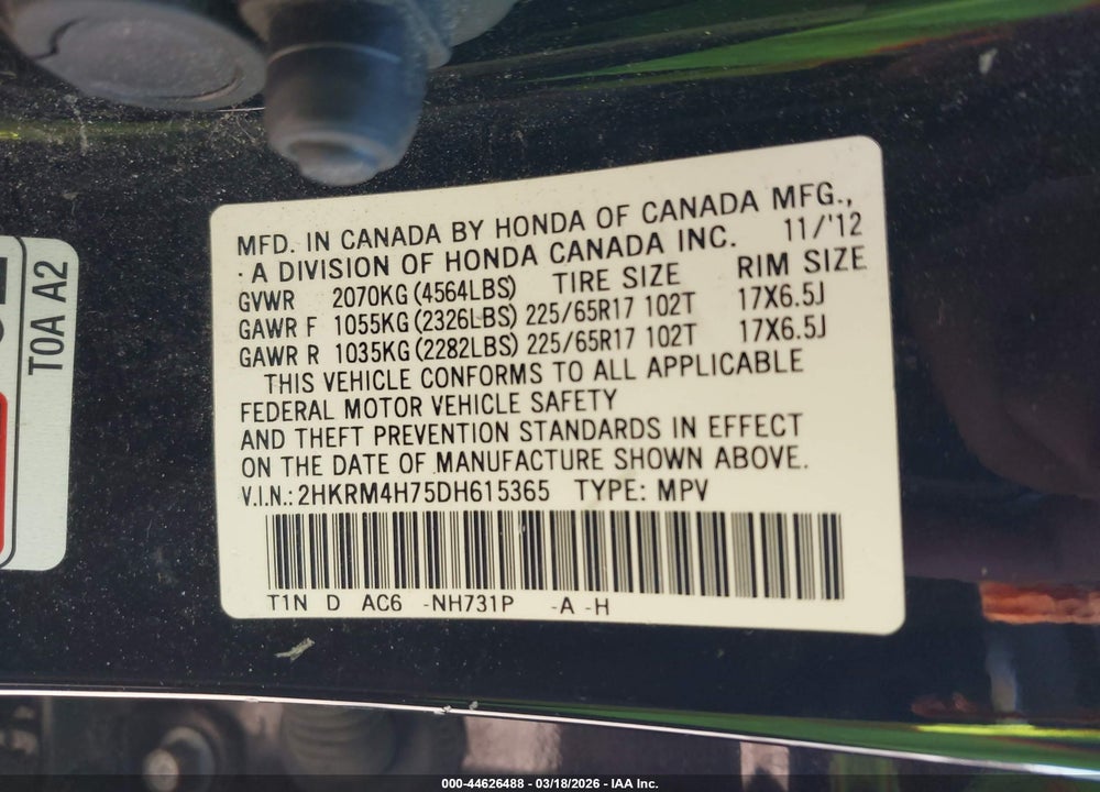 2013 HONDA CR-V EX-L VIN: 2HKRM4H75DH615365