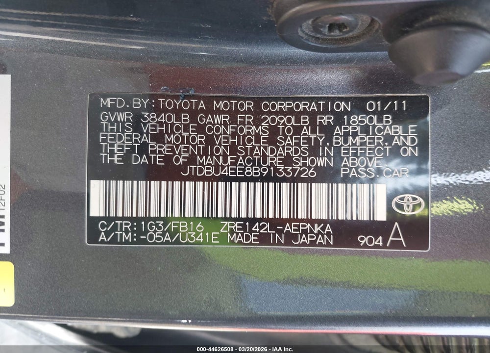 2011 TOYOTA COROLLA LE VIN: JTDBU4EE8B9133726
