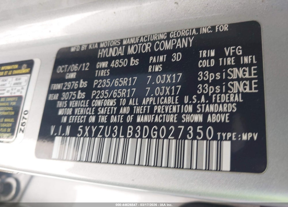 2013 HYUNDAI SANTA FE SPORT VIN: 5XYZU3LB3DG027350