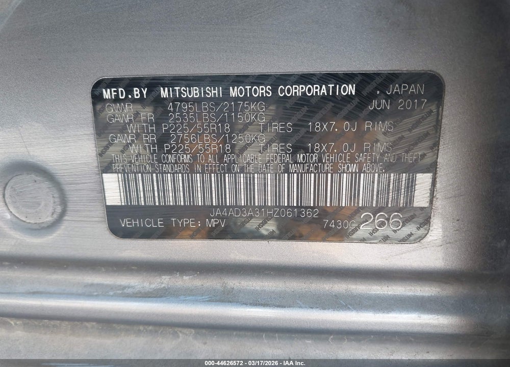2017 MITSUBISHI OUTLANDER SEL VIN: JA4AD3A31HZ061362