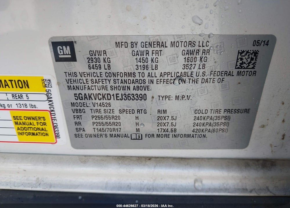 2014 BUICK ENCLAVE PREMIUM VIN: 5GAKVCKD1EJ363390