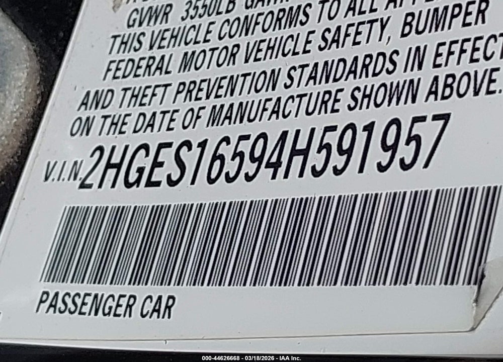 2004 HONDA CIVIC LX VIN: 2HGES16594H591957