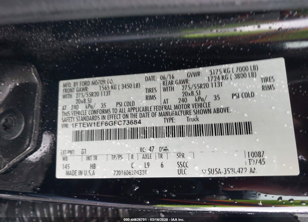 2016 FORD F-150 LARIAT VIN: 1FTEW1EF6GFC73684