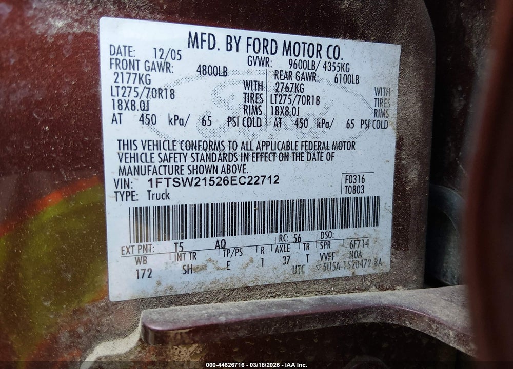 2006 FORD F-250 LARIAT/XL/XLT VIN: 1FTSW21526EC22712